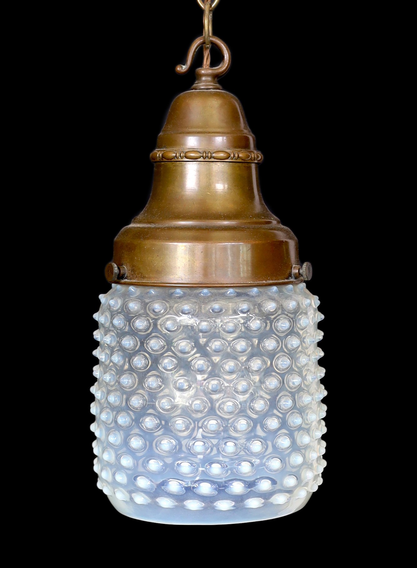 An early 20th century bronze mounted stippled Vaseline glass light fitting, stamped Siemens, height 33cm